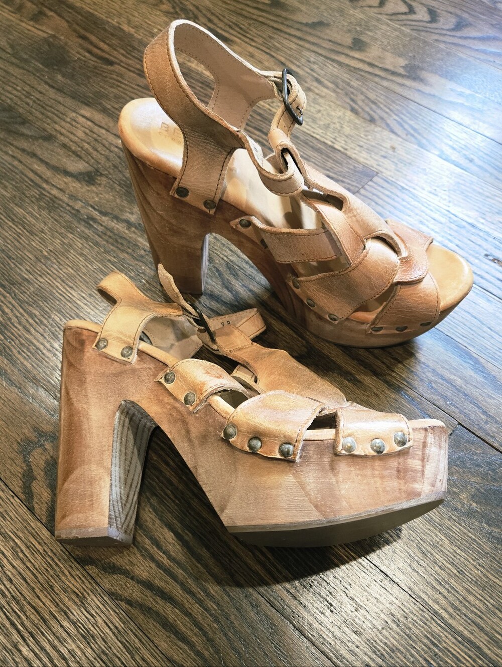 Bed Stu Melissa Tan Leather Wood Platform Clog Heels Sandals Women's 9